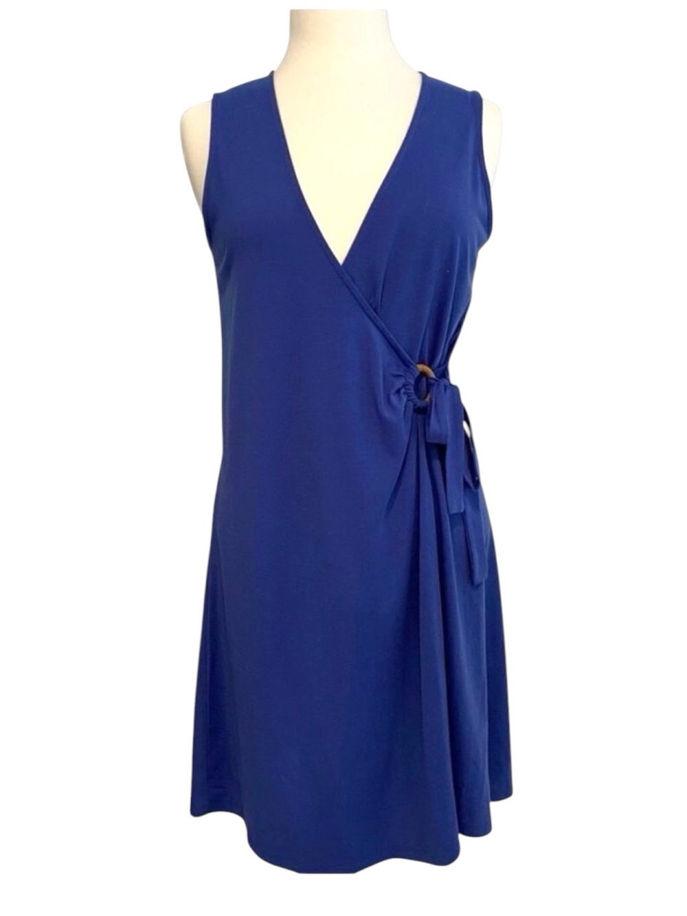 Simon Chang wrap dress V neckline blue jersey sleeveless round button medium